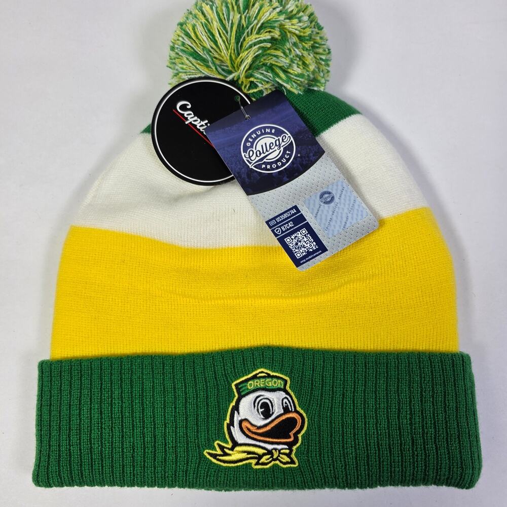 Oregon Ducks Mascot Pom Beanie Cap Green Yellow White NCAA College Knit Hat NWT